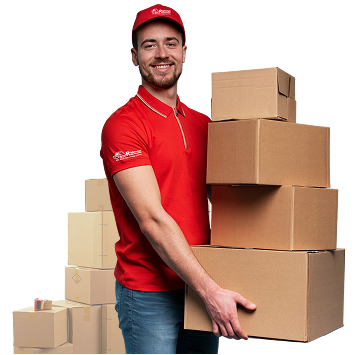 Relocation specialist holding moving boxes